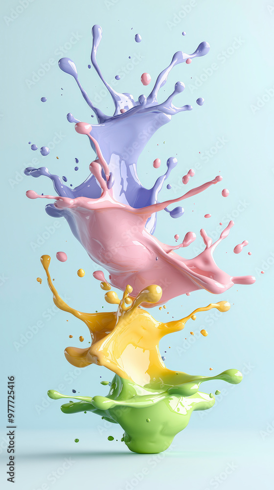 Poster vibrant splashes of pastel-colored paint dynamically collide and swirl, creating an abstract, energe