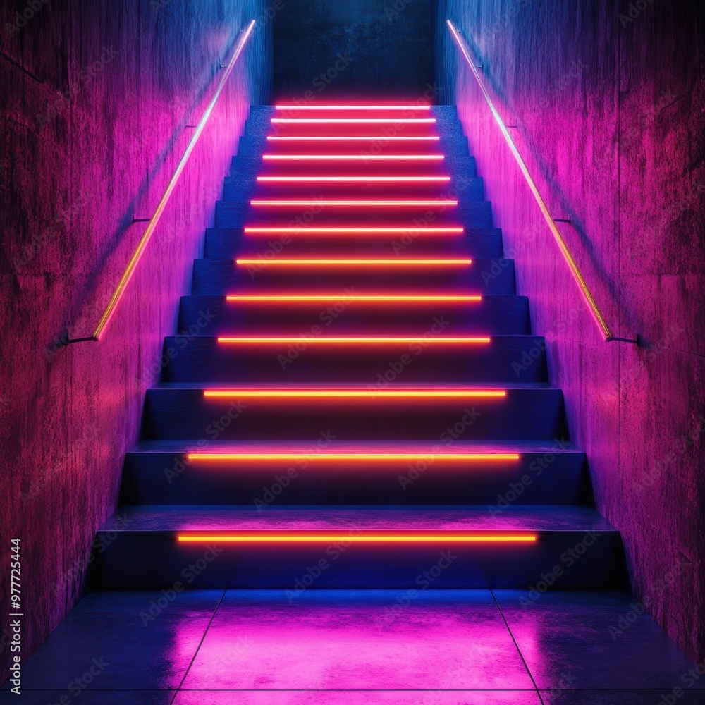 Poster a vibrant staircase illuminated by colorful neon lights, creating an inviting and modern atmosphere.