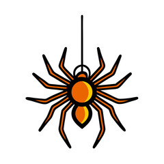 A spider is hanging from a string. The spider is orange and black