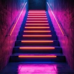 A vibrant staircase illuminated by colorful neon lights, creating an inviting and modern atmosphere.