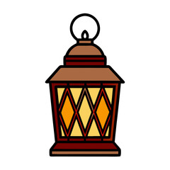 A lantern with a yellow light shining out of it. The lantern is brown and has a round top