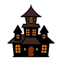 A creepy, spooky house with a red door. The house is dark and has a creepy vibe