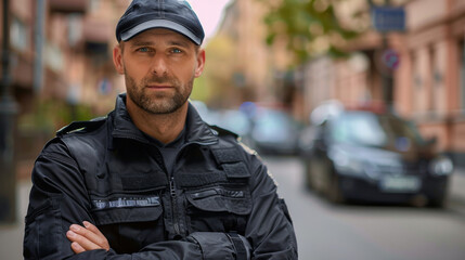 Fototapeta premium Security guard on the street. A male security guard patrols a protected area.