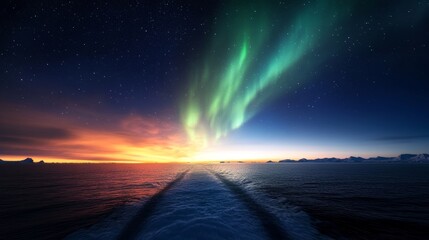 Southern aurora, polar night sky, Antarctica natural colors.