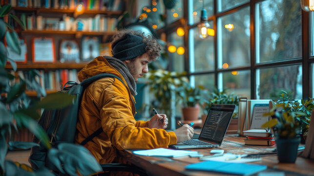 A student taking notes while watching an online lecture, with a laptop and study aids on a desk