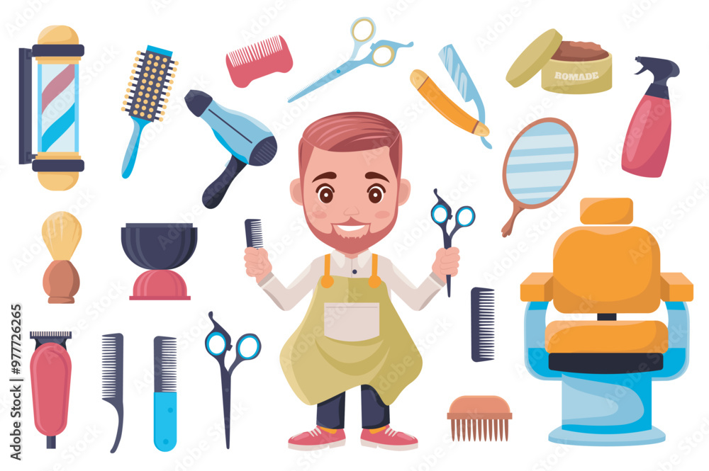 Aufkleber Barbershop accessories set elements in flat graphic design. Bundle objects of barber waits client, salon pole, comb, dryer, scissors, razor, mirror, chair, spray bottle, other. Vector illustration.