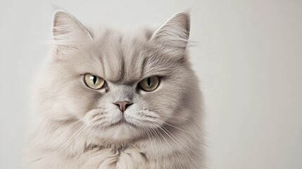 Fototapeta premium A close-up of a British Longhair cat's face with a serene expression, highlighting its round cheeks and tufted ears against a light solid color background