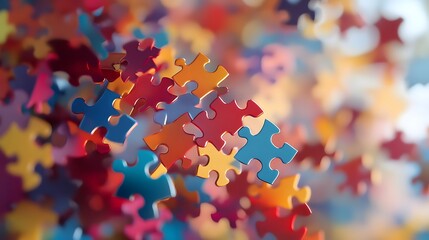 Floating Puzzle Pieces: Colorful puzzle pieces floating in mid-air, starting to connect, creating an abstract pattern that is still forming. 
