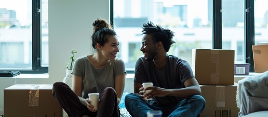 young couple moving into their new flat having coffee during the break