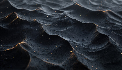 Abstract black sand particles glowing with ethereal light, surreal waves of granular surfaces with bright floating sparks and illuminated textures in a tranquil dreamlike landscape