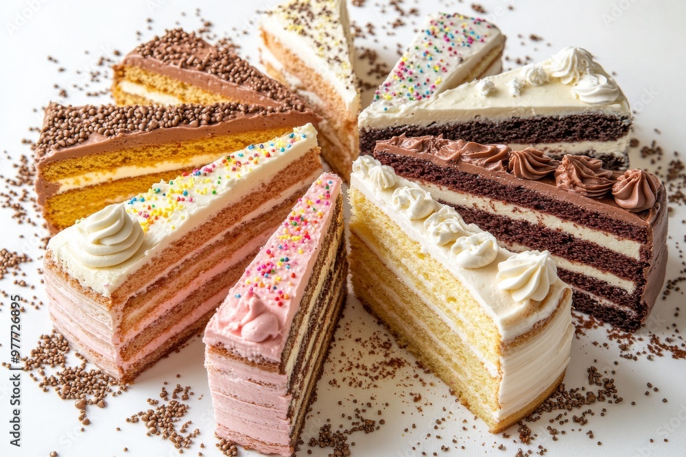 Poster assorted cake slices arranged in a circular display with varied frosting and sprinkles toppings in c
