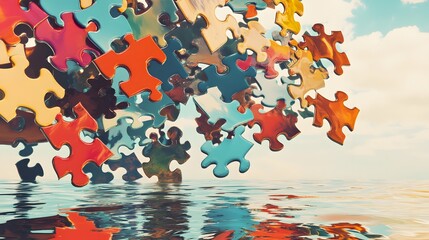 Floating Puzzle Pieces: Colorful puzzle pieces floating in mid-air, starting to connect, creating an abstract pattern that is still forming. 
