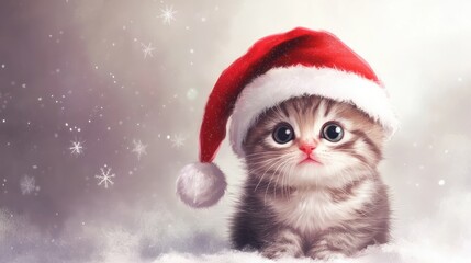 Cute Christmas Kitty in a Santa's Hat with Space for Copy