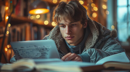 A student taking notes while watching an online lecture, with a laptop and study aids on a desk