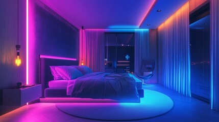 Modern Bedroom with Neon Lights and City View.