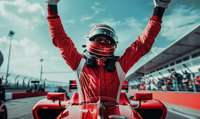 professional formula 1 racing driver pilot in red uniform and helmet celebrating victory, motorsport winner celebrate