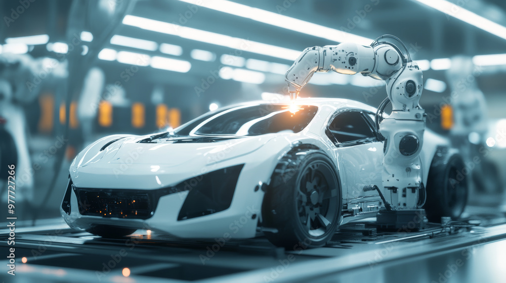 Poster robot welder in the automotive sector. white robots welding the car frame in an auto manufacturing p
