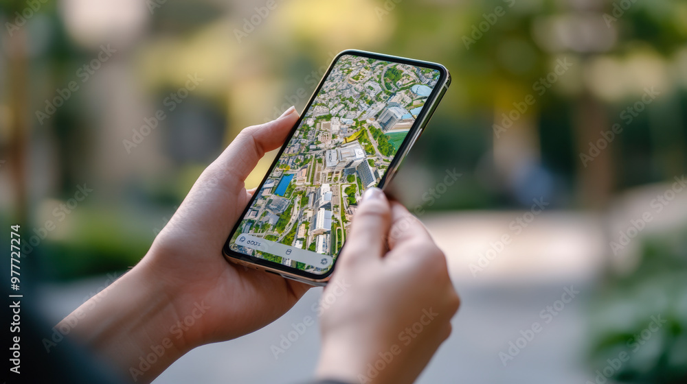 Poster person using a smartphone to view a detailed map of a city; navigating through a green outdoor setti