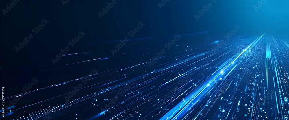 Poster abstract blue background with a glowing light effect and geometric shapes, high-speed lines on a dar
