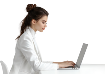 Young businesswoman remote working home laptop computer sitting.