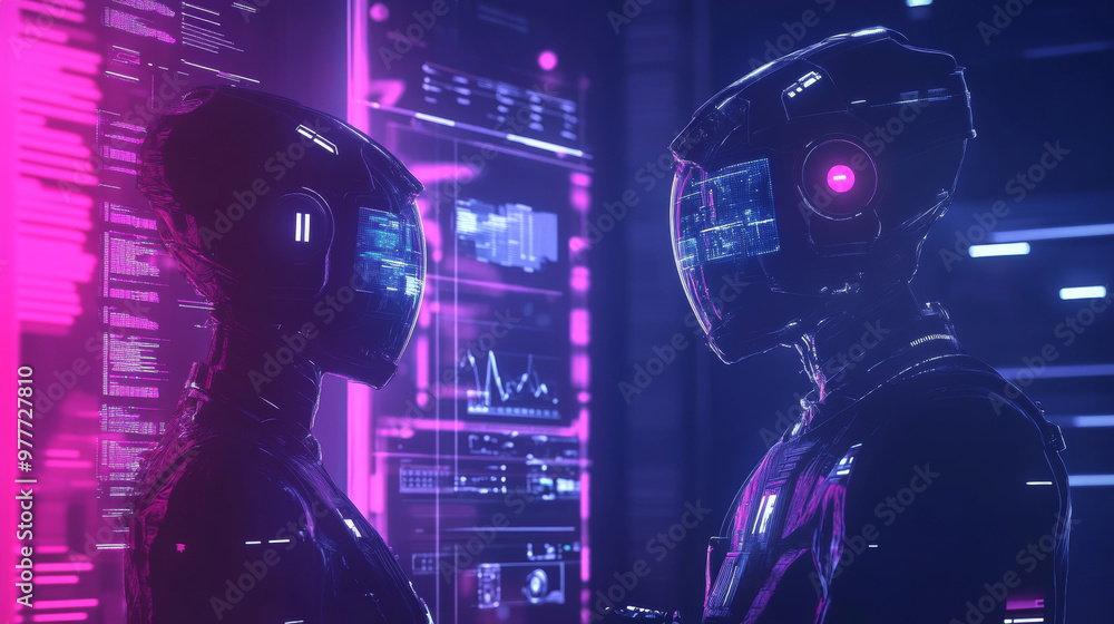 Poster robotic figures, male and female, with artificial intelligence engaging with a virtual interface in 