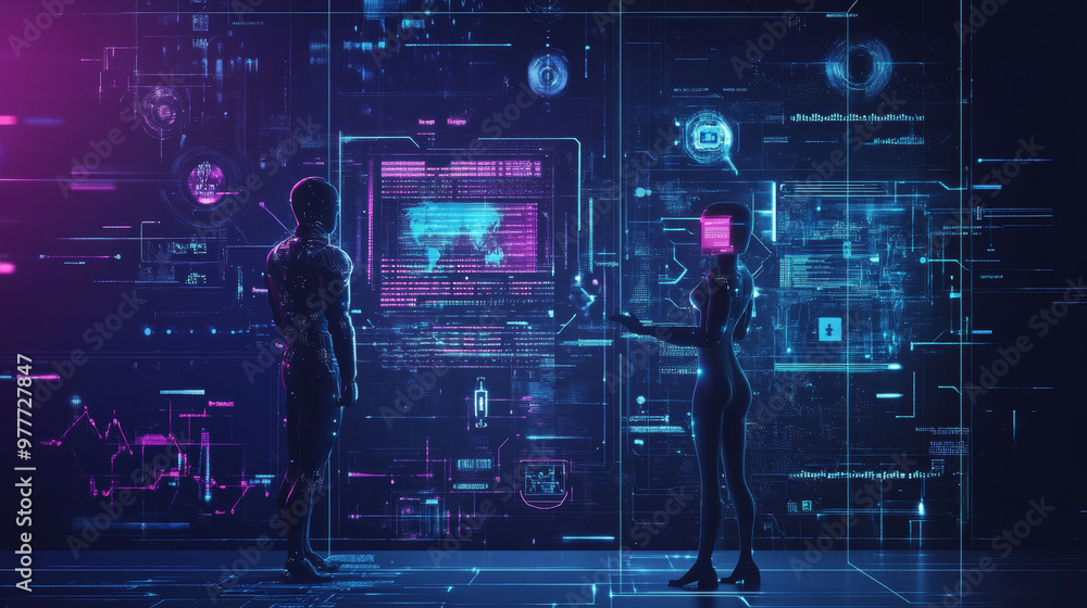 Poster robotic figures, male and female, with artificial intelligence engaging with a virtual interface in 