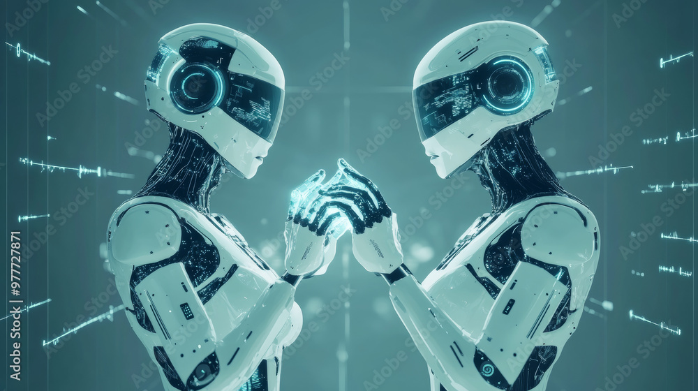 Poster robotic figures, male and female, with artificial intelligence engaging with a virtual interface in 