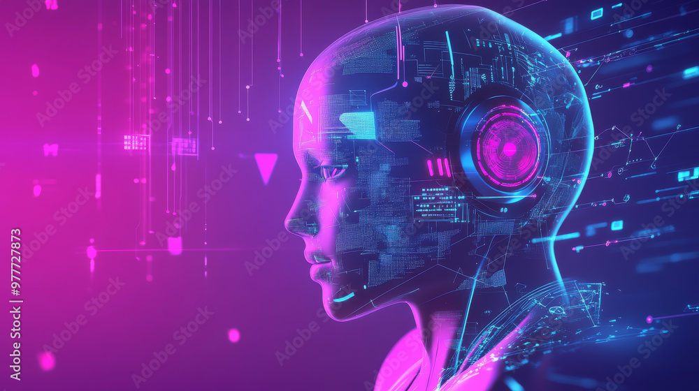 Poster robotic figures, male and female, with artificial intelligence engaging with a virtual interface in 