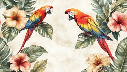 An elegant pattern featuring vibrant parrots, hibiscus flowers, and tropical leaves set against a backdrop of aged, vintage paper with faded sepia tones