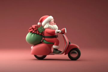  illustration of santa claus riding a red scooter with a bag full of christmas presents