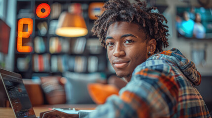 A student taking notes while watching an online lecture, with a laptop and study aids on a desk