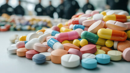 A diverse collection of colorful pills and capsules is spread across a table, with blurred figures present in the background.