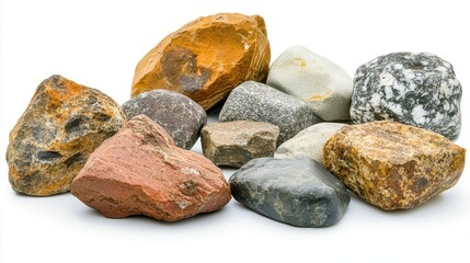 assortment of large rugged rock stones in various shapes and sizes isolated on pristine white background natural textures and forms photo