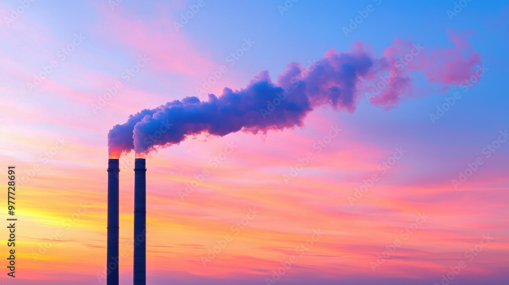 Wall mural a beautiful sunset background highlights two smokestacks emitting white smoke, representing industri