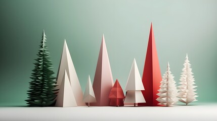 
A clean, minimalist Christmas design featuring simple, geometric Christmas trees in shades of green, red, and white