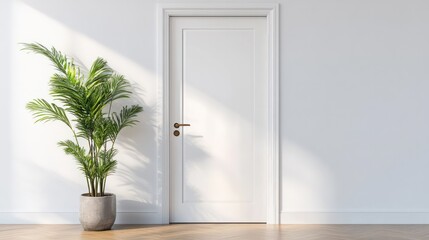 A white door with a plant in a pot next to it