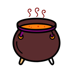 A cartoon image of a pot of soup with steam coming out of it. The pot is brown and has a purple handle