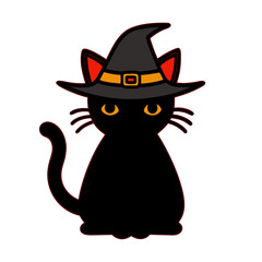 A black cat wearing a black hat with orange straps. The cat is sitting on a white background