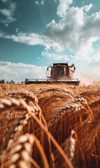 combine harvester and golden wheat field harvesting crops, agriculture concept