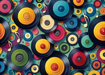 Vibrant vinyl records and treble clefs adorn a colorful, retro-inspired wallpaper, blending music nostalgia with trendy