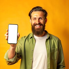 Smiling individuals holding smartphones for mockups in vibrant backgrounds