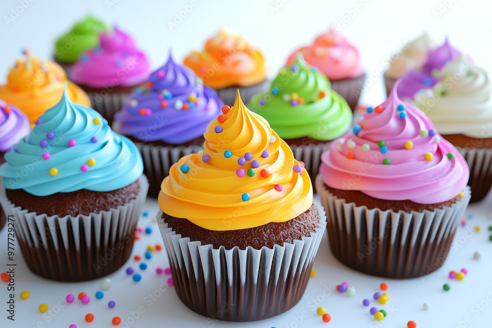 Aufkleber assorted colorful cupcakes with bright frosting and sprinkles displayed in rows for festive celebrat