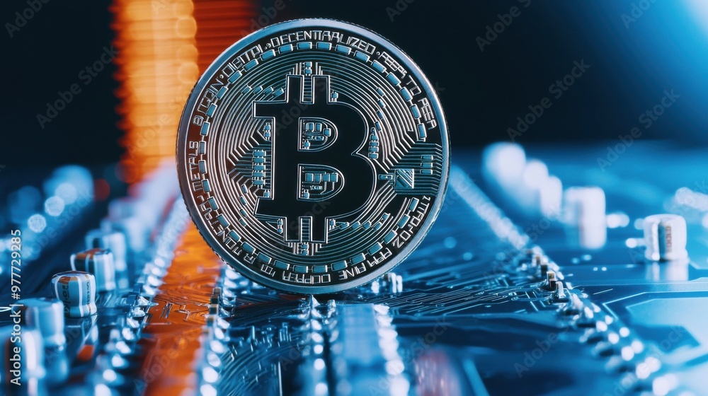 Poster a close-up of a bitcoin on a digital circuit board, symbolizing the fusion of cryptocurrency and tec