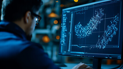 A programmer analyzing complex data visuals on a modern computer screen in a dimly lit environment.