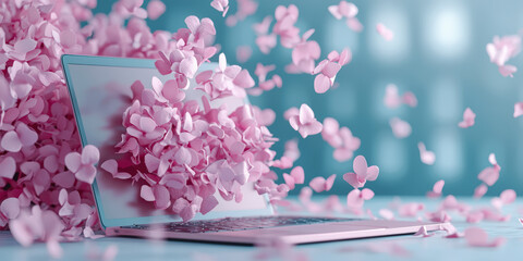 A laptop with pink heart-shaped petals flowing out from the screen, creating a dreamy and romantic atmosphere against a soft blue background.