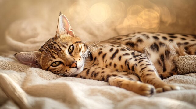 A playful cheetoh cat lounging on a soft blanket, showcasing its unique spotted fur pattern, with a blurred background for emphasis