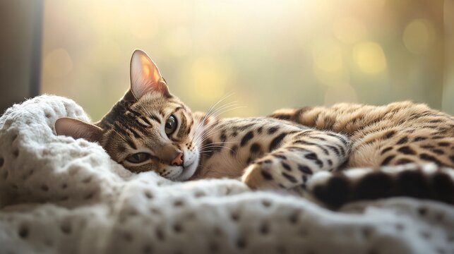 A playful cheetoh cat lounging on a soft blanket, showcasing its unique spotted fur pattern, with a blurred background for emphasis