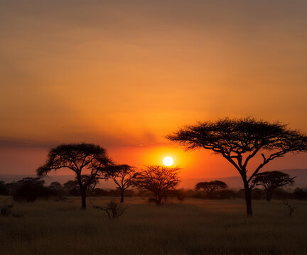 tramonto nella savana con alberi in silhouette e il sole che tramonta all'orizzonte