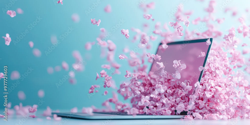 Poster a laptop is surrounded by floating pink petals, creating a surreal and dreamy visual effect against 