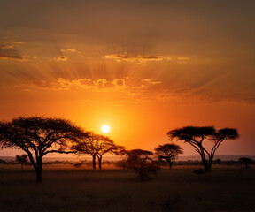 tramonto nella savana con alberi in silhouette e il sole che tramonta all'orizzonte